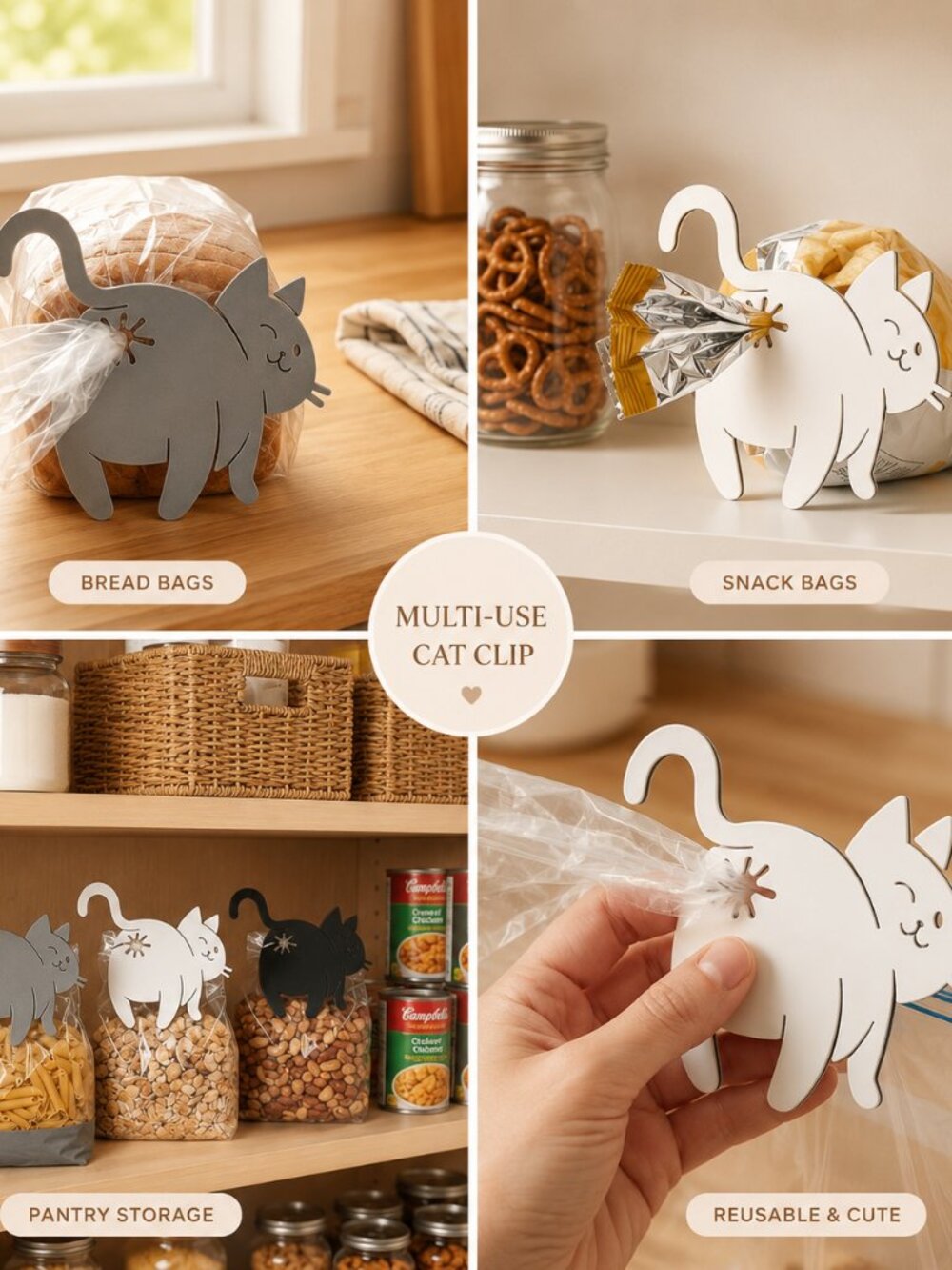Cat Butt Kitchen Bag Clips Reusable Bread Snack Cereal Chips Sealer Set of 3 - Picture 3 of 7